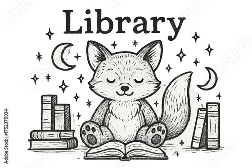 Fox Library Magic. Hand-drawn stuffed fox library with moons, books, and sparkles, center word “Library” in black and white