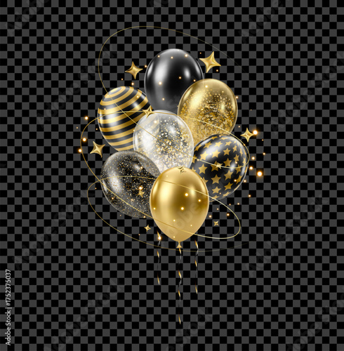 3D realistic bunch of gold black balloons. Huge luxury bouquet