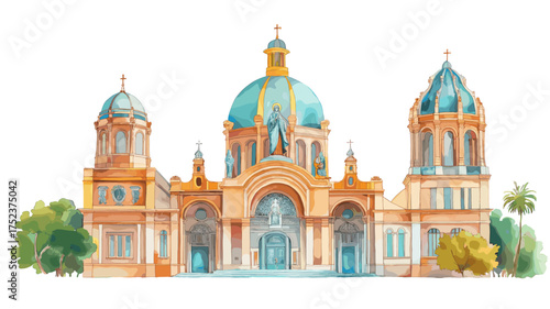 Basilica of Our Lady of Guadalupe. Basilica of Our Lady of Guadalupe hand drawn watercolor illustration
