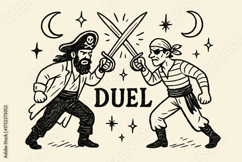 Pirate Duel Artwork. Hand-drawn pirate duel with moons, swords, and sparkles, center word “Duel” in black and white isolated