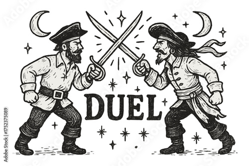 Pirate Duel Artwork. Hand-drawn pirate duel with moons, swords, and sparkles, center word “Duel” in black and white isolated
