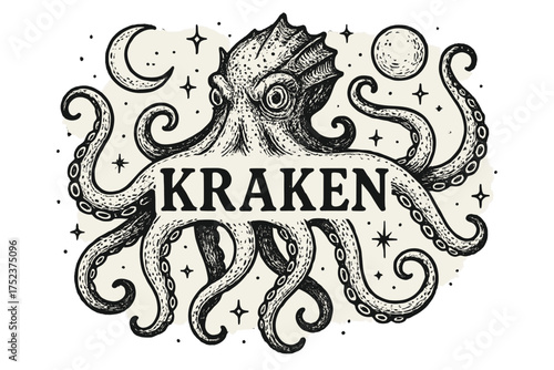 Kraken and Moons. Hand-drawn sea monster with moons, tentacles, and sparkles, center word “Kraken” in black and white isolated