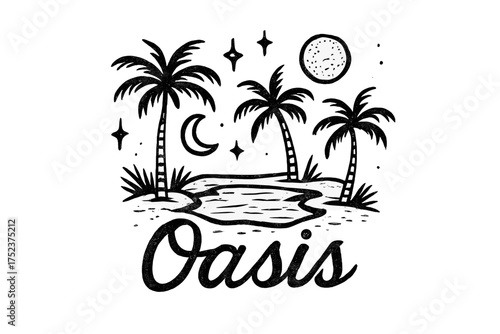 Mystical Oasis Art. Hand-drawn oasis with moons, palms, and sparkles, center word “Oasis” in black and white isolated transparent