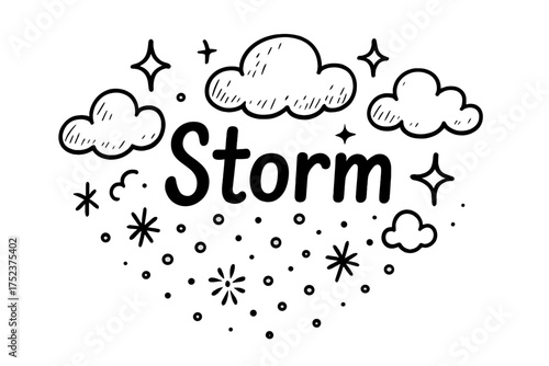 Snowstorm Doodle Art. Doodle snowstorm with stars, clouds, and sparkles, center word “Storm” in black and white isolated