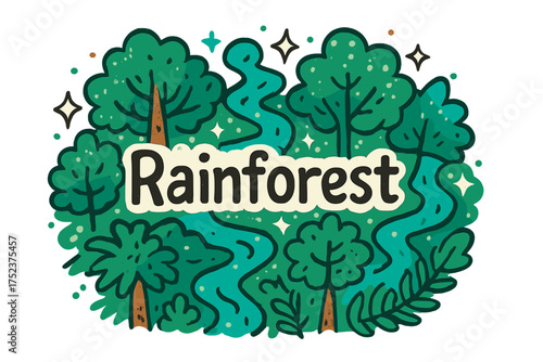 Colorful Amazon Rainforest. Colorful doodle amazon rainforest with deep green trees, turquoise rivers, glowing stars and sparkles,