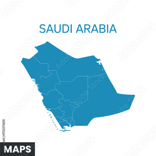 Detailed Blue Vector Map of Saudi Arabia with Regions for Political and Geographic Use