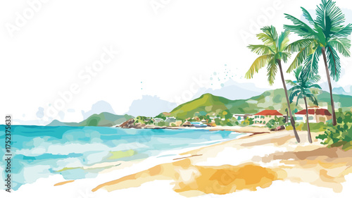 Saint Martin Beach. Saint Martin Beach hand drawn watercolor illustration