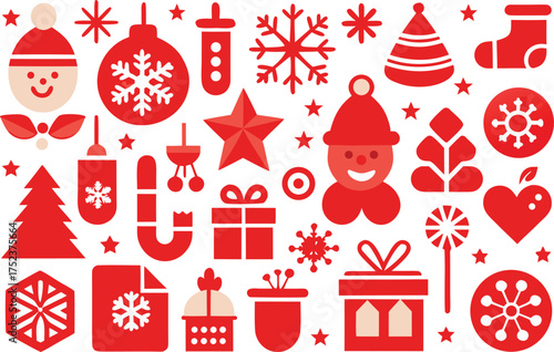 Collection of festive red christmas ornaments and decorations on a white background