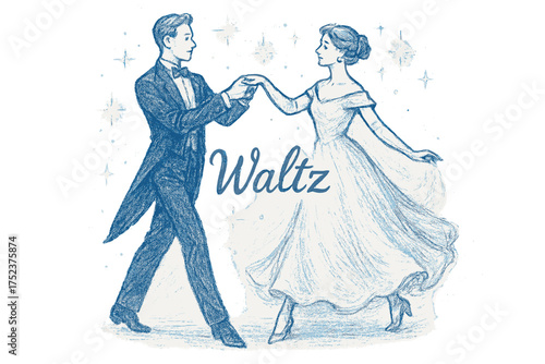 Elegant Waltz Scene. Hand-drawn waltz couple in elegant blue and white outfits, glowing sparkles, center word “Waltz”, isolated