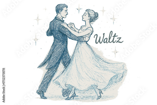 Elegant Waltz Scene. Hand-drawn waltz couple in elegant blue and white outfits, glowing sparkles, center word “Waltz”, isolated