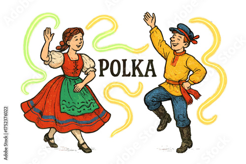 Vibrant Polka Dancers. Hand-drawn polka dancers in bright costumes with glowing ribbons, center word “Polka”, isolated transparent