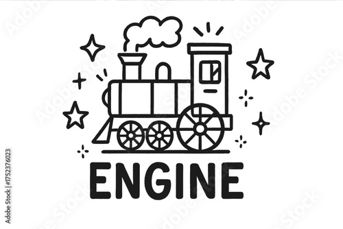 Doodle Steam Engine. Doodle steam engine with stars, wheels, and sparkles, center word “Engine” in black and white isolated