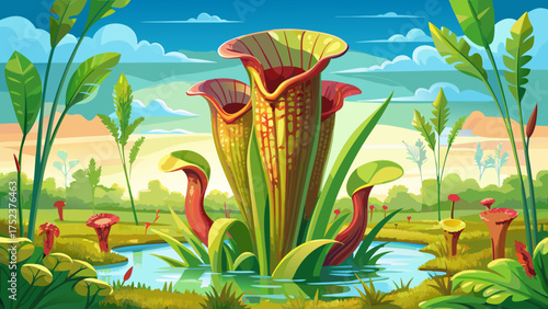 Very beautiful yellow pitcher plant Sarracenia flava standing tall in Florida wetland habitat, surrounded by green grasses and reflected light.

