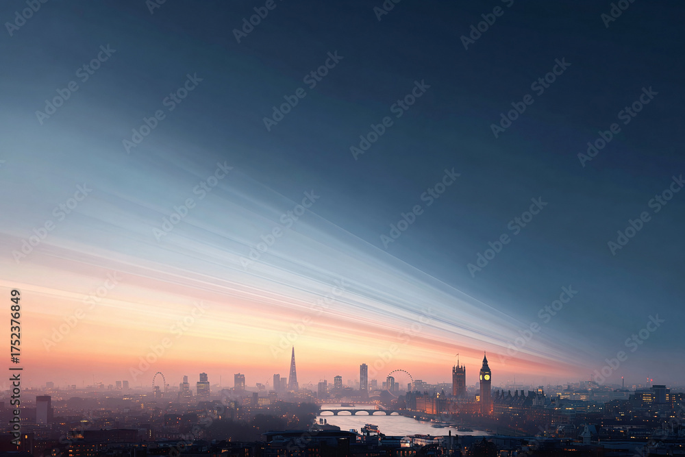 Fototapeta premium Dramatic, longexposure skyline of a major city at dawn. The orange glow highlights iconic buildings, set against a vibrant blue sky with a sense of movement.
