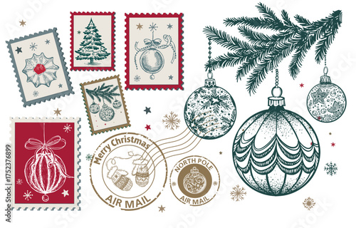Christmas Stamps, mail, postcard hand-drawn illustrations.	
