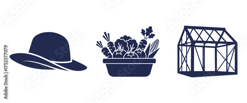 Dark Blue Silhouettes of a Hat, Vegetable Basket, and Greenhouse on White Keywords: hat, sun hat, gardening hat, vegetables