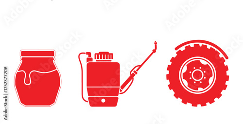 Farm Icons Honey Jar Sprayer and Tractor Wheel Silhouette on White Keywords: jar, honey, pot, container, lid, dripping, liquid