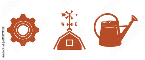 Farm Icons Gear Barn Weather Vane and Watering Can in Orange on White Keywords: agriculture, farm, farming, gear, cogwheel