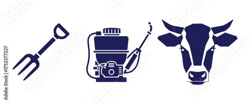 Farm Icons Pitchfork Sprayer and Cow Head Silhouette on White Keywords: agriculture, farm, farming, pitchfork, garden tool, sprayer