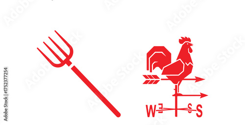 Farm Icons Pitchfork and Rooster Weathervane Silhouette on White Keywords: pitchfork, fork, tines, tool, farming, agriculture