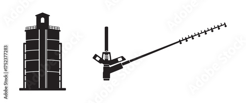 Grain silo sprinkler system and agricultural sprayer icons on white background farm
