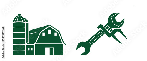 Green Silo Barn and Crossed Wrenches Icon Set on White agriculture farm