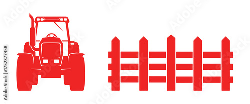 Red Silhouette of a Tractor and a Wooden Fence on a White Background farm equipment