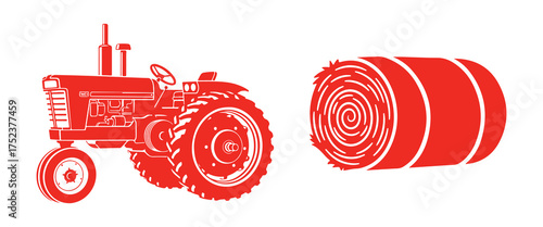 Red Silhouette of a Tractor and a Rolled Hay Bale on White Keywords: tractor, hay bale, agriculture, farming, rural, farm, harvest
