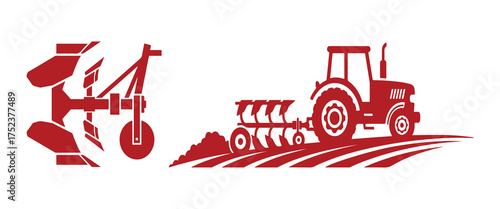 Red Silhouette of a Tractor Plowing a Field and a Plow on White Keywords: tractor, plow, agriculture, farming, field, tilling, soil