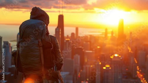 A person with a backpack views the city skyline, great for travel or adventure themes