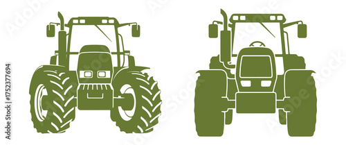 Two Green Tractor Silhouettes Front View on White Background farm agriculture