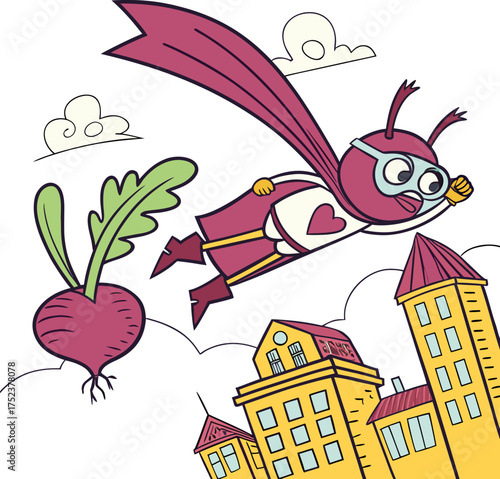 Superhero bird flies over cityscape with beet heroic flight adventure fun