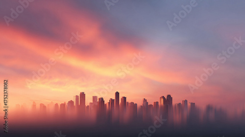 Serene cityscape silhouette against a vibrant sunset sky. Evokes hope, tranquility, and ambition. Ideal for urban planning, travel, and motivational content.