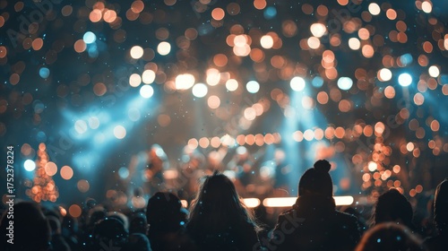 Christmas concert audience, people enjoying music. Blurred bokeh holiday background