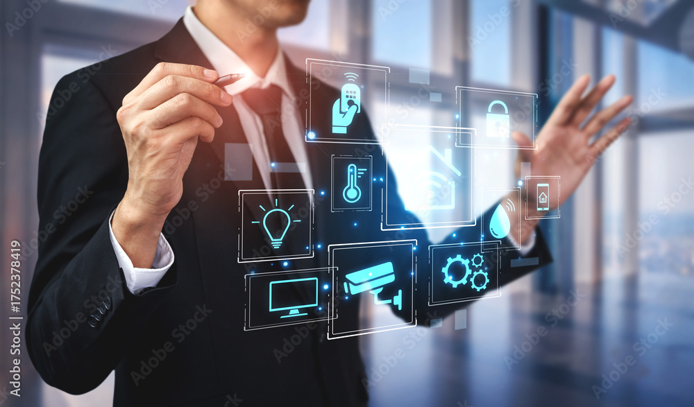Fototapeta premium Concept of a smart home and the Internet of Things (IoT). A central system controls home automation features like security, lighting, and climate for modern, convenient living. Fermion