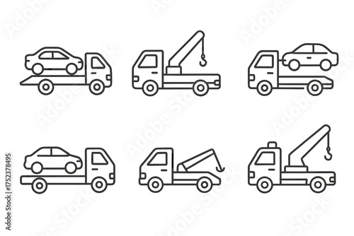 Set of tow truck icons featuring various vehicle transportation designs