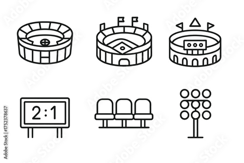 Minimalist icon set of sports stadiums and equipment in black and white
