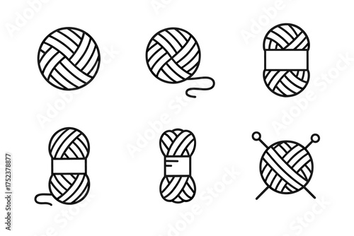 Set of yarn balls and knitting icons on white background