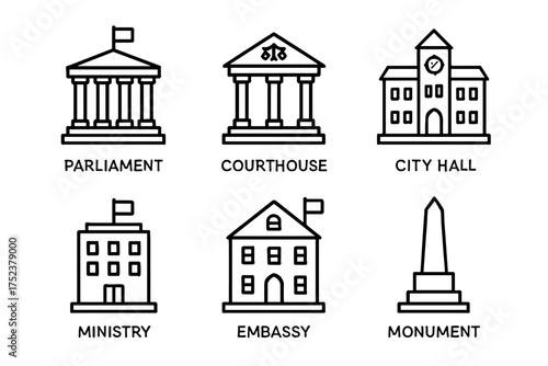 Collection of government building icons: parliament, courthouse, city hall, ministry, embassy, monument