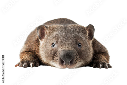 A wombat lying down looking forward on a transparent background