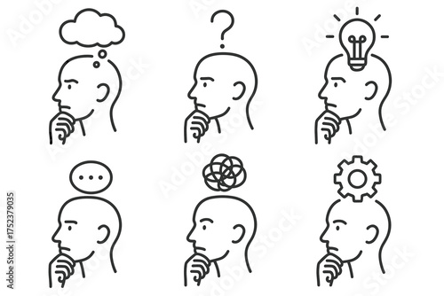 Conceptual thinking icons: cloud, question, idea, speech, confusion, gear