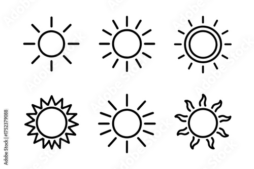 Collection of six sun outline icons with varied designs
