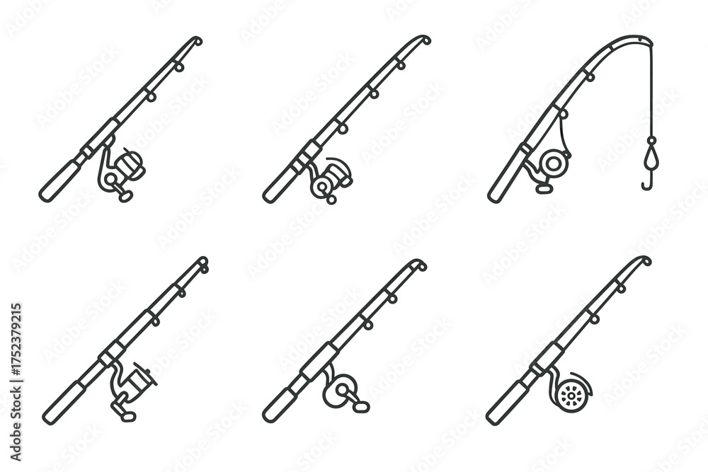 Fototapeta premium Set of fishing rods icons with reels and hooks in black and white