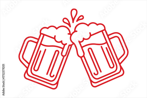 Two beer mugs clinking together cheers silhouette a white background