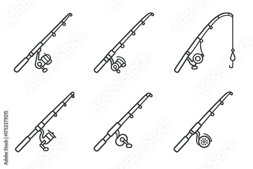 Set of fishing rods icons with reels and hooks in black and white