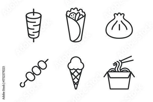 Line icons of popular street foods: kebab, wrap, dumpling, skewer, ice cream, noodles