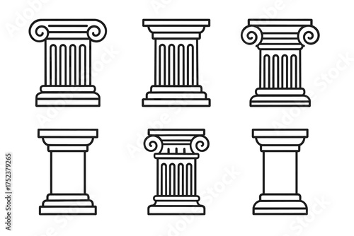 Collection of classical column designs featuring ionic and doric styles