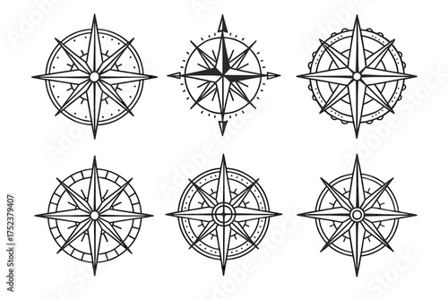 Set of six black and white nautical compass rose designs for navigation