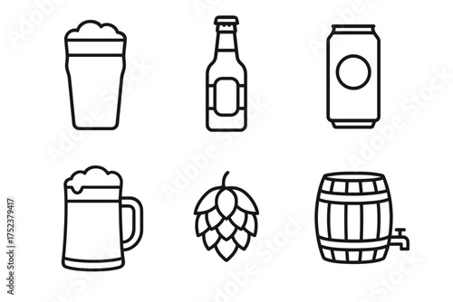 Beer icons collection: glasses, bottles, cans, hops, and barrel