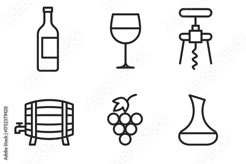 Wine icon set featuring bottle, glass, corkscrew, barrel, grapes, and decanter